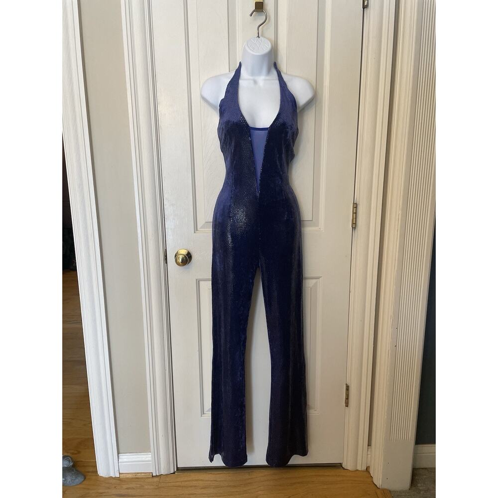 BEBE Deadstock Y2K Purple Snake Print Shimmer Halter Jumpsuit Women Size S